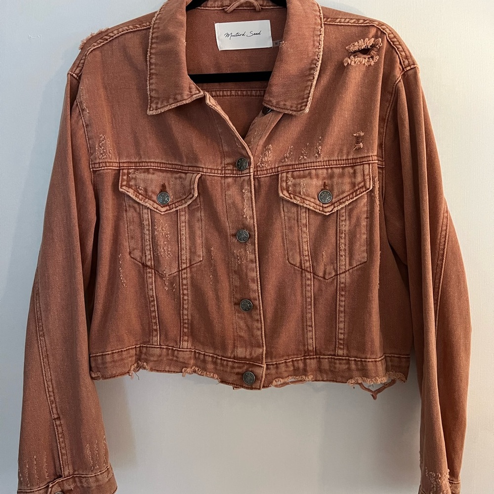 Cropped denim jacket (color: peach, size: M, brand: mustard seed) like new!